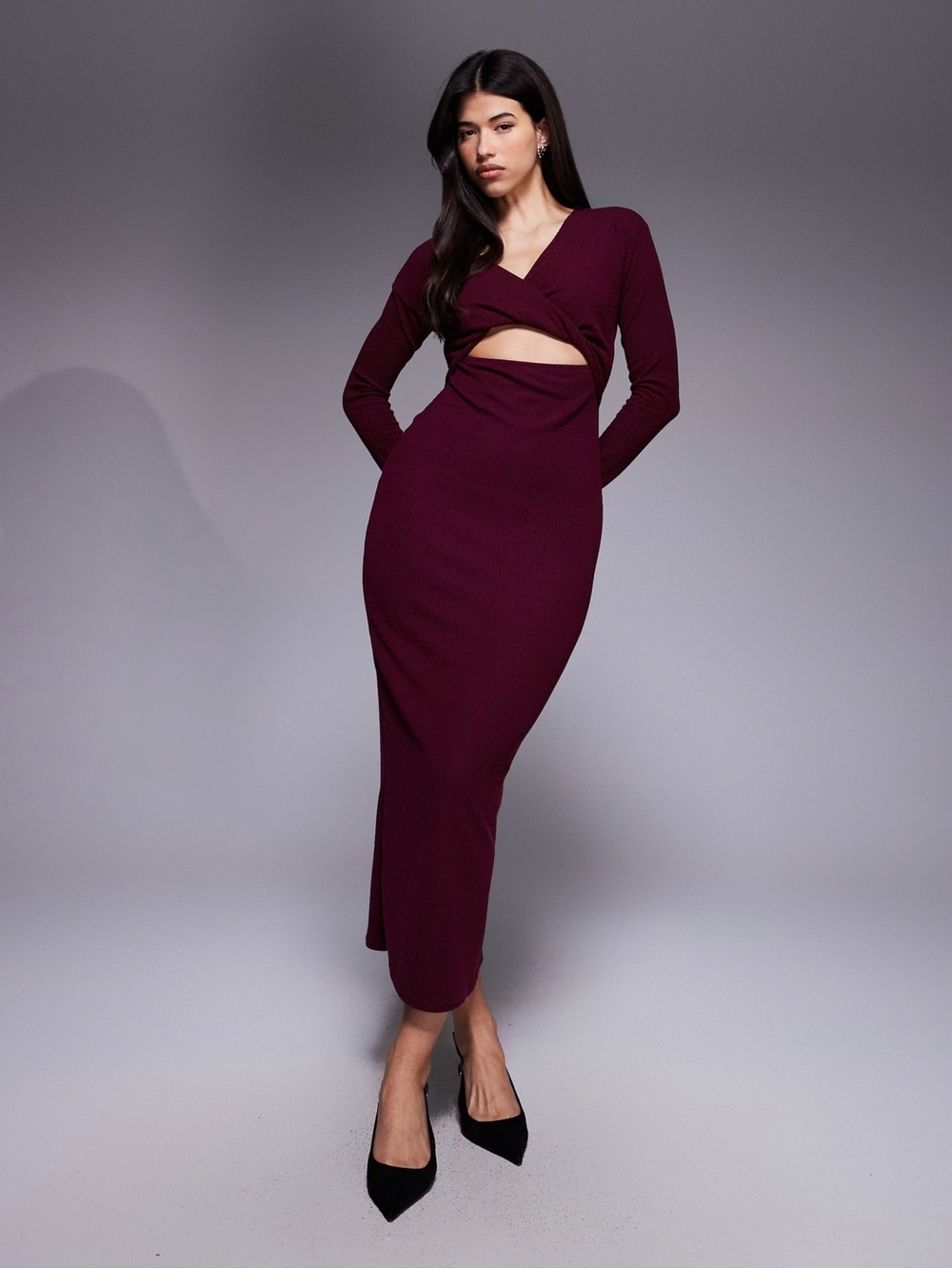 ASOS Wine Long-Sleeve Cutout Midi Dress